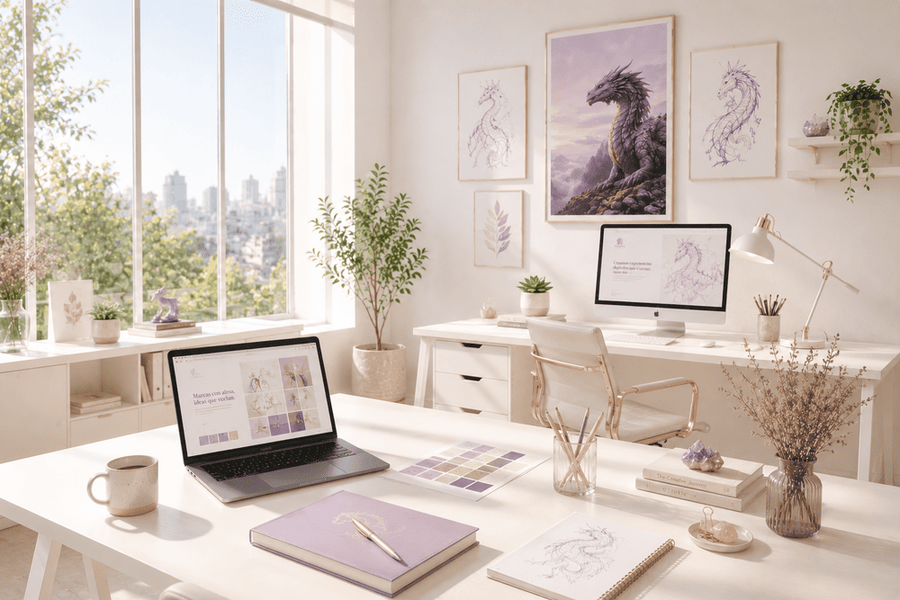 studio creativo de Alma de Dragón Studio con mesas de trabajo, computadoras, ilustraciones de dragones y un espacio luminoso donde se desarrollan páginas web, branding e identidad visual.