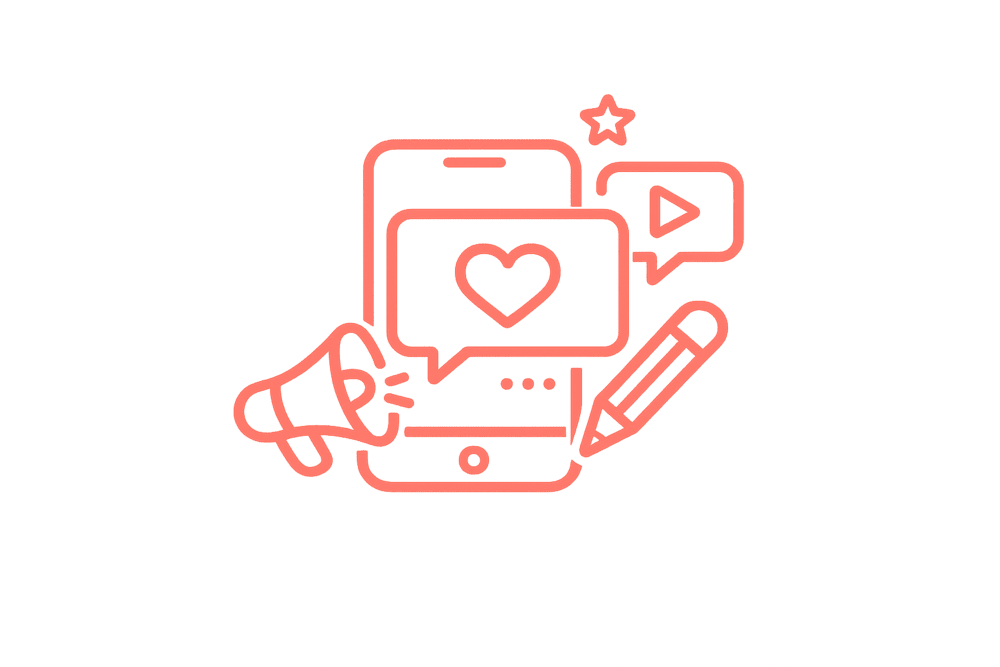 Icono de un telefono móvil, con anuncios saliendo de la pantalla, simulando el diseño para redes sociales.
