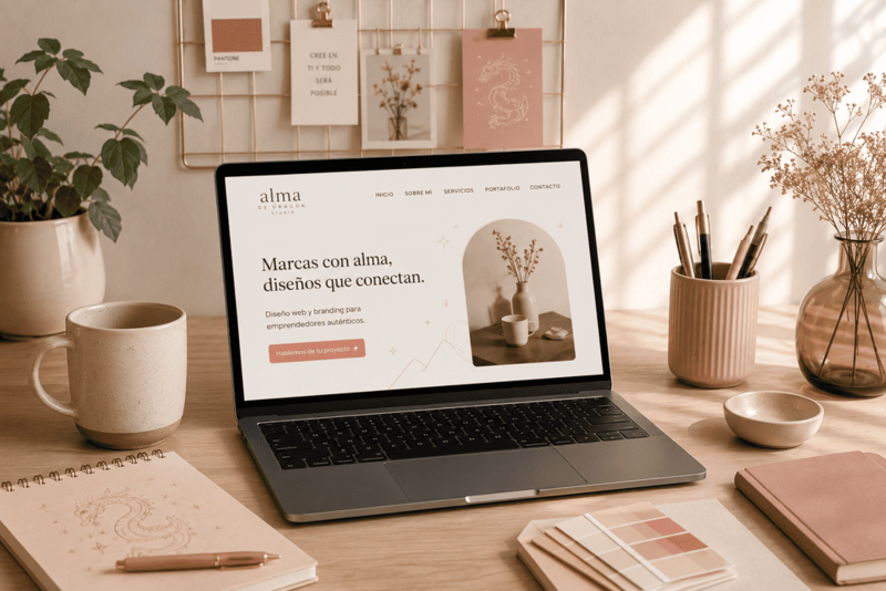 Espacio de trabajo creativo de Alma de Dragón Studio con una laptop mostrando el diseño de una página web, materiales de branding y un estudio luminoso dedicado al desarrollo de sitios web para marcas con propósito.
