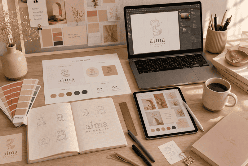 Espacio de trabajo creativo con bocetos, paletas de color, moodboards y herramientas de diseño utilizadas para desarrollar el branding e identidad visual de una marca.