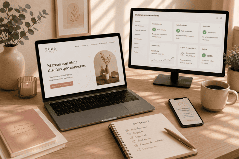 Espacio de trabajo con computadora mostrando un panel de mantenimiento web, una página web en funcionamiento y herramientas de seguimiento para el soporte y mantenimiento de sitios web.