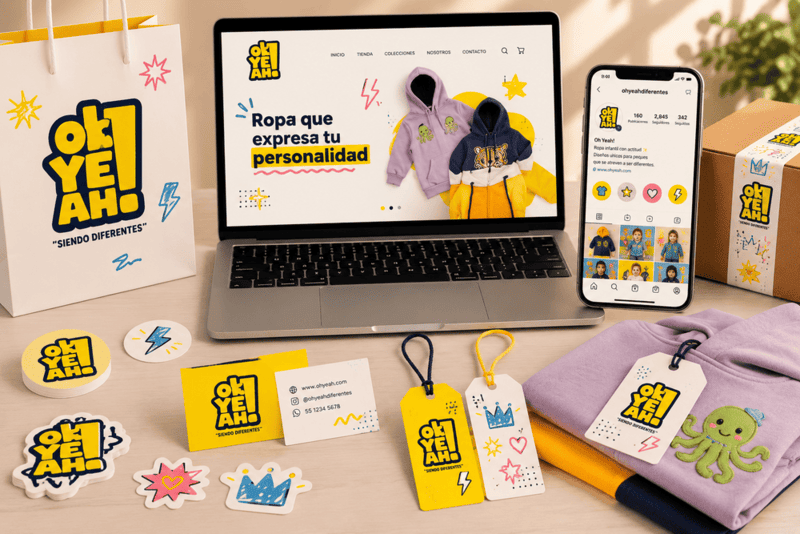 Escritorio con una laptop, celular, librata, lapiceroz y taza de café que muestrán el branding de la marca OhYea!.