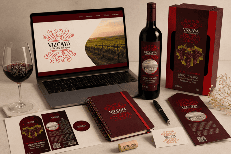 Escritorio con una laptop, celular, librata, lapiceroz y taza de café que muestrán el branding de la marca Vizcaya.