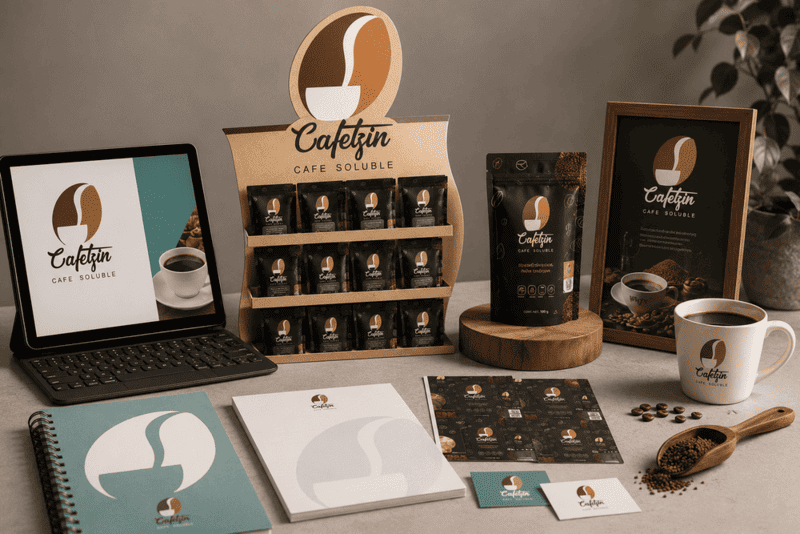 Escritorio con una laptop, celular, librata, lapiceroz y taza de café que muestrán el branding de la marca Cafetzin.