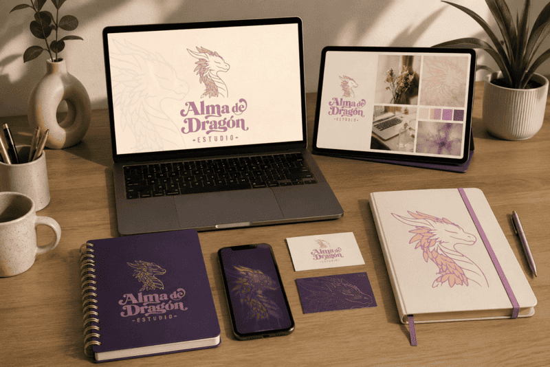 Escritorio con una laptop, celular, librata, lapiceroz y taza de café que muestrán el branding de la marca Alma de Drgón Estudio.