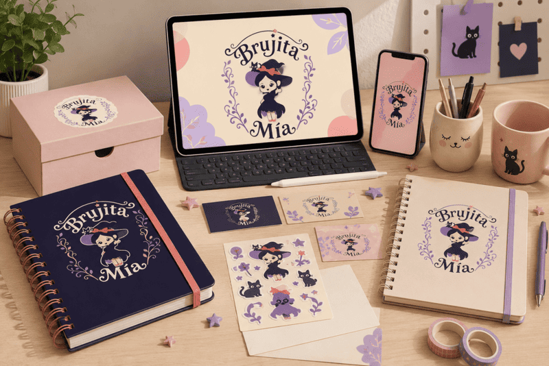 Escritorio con una laptop, celular, librata, lapiceroz y taza de café que muestrán el branding de la marca Brujita Mia.