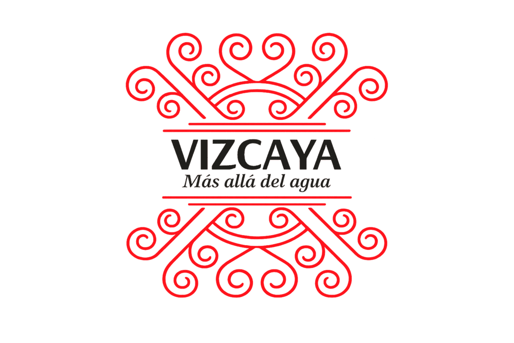 Logotipo de Vizcaya con ornamentos rojos y el lema "Más allá del agua".