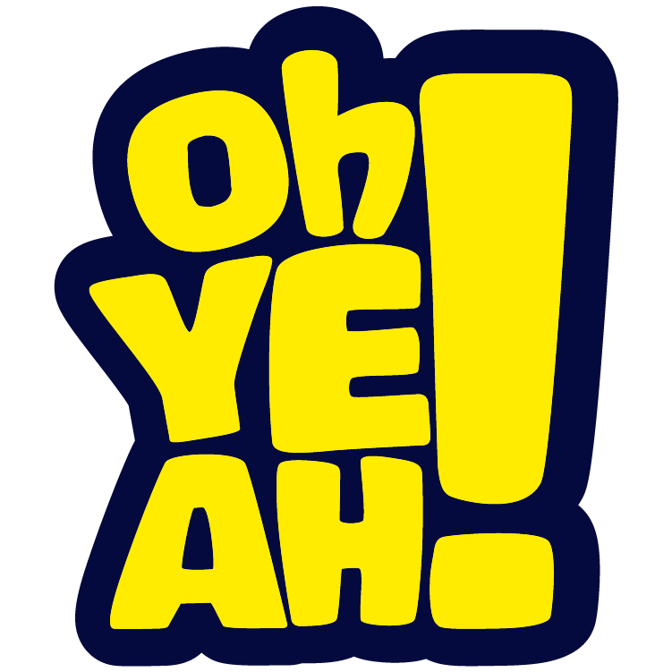 Frase OhYea! en color amarillo con contorno azul. Logotipo de la marca de ropa OhYea!